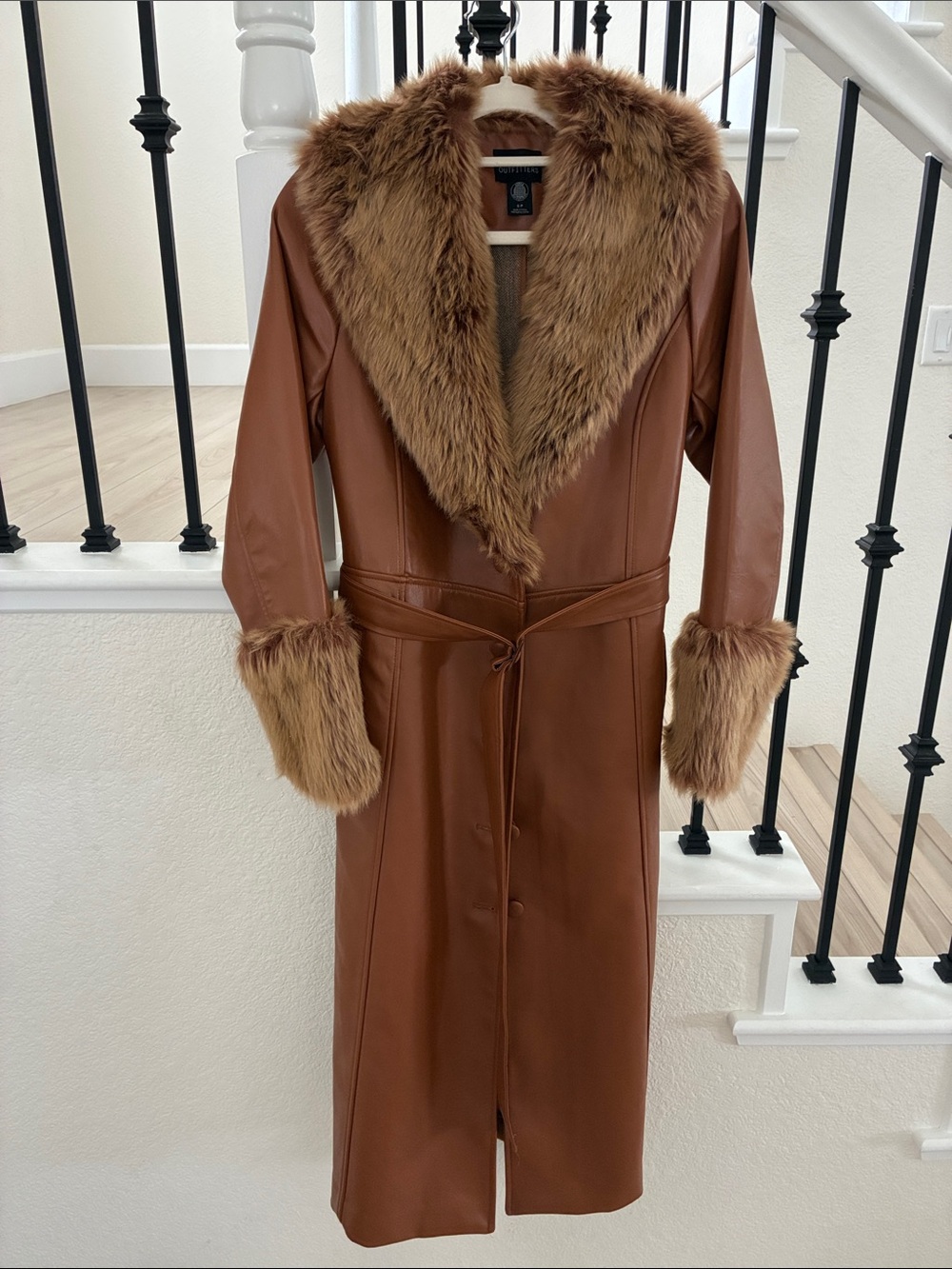 Faux Leather Brown Penny lane Coat with Fur Trim